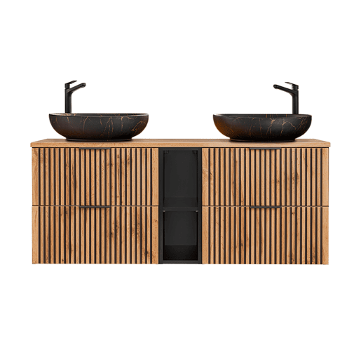 Conjunto móvel lavatório duplo 140cm 2 nichos e coluna Gaia Madeira e Preto Lavatório preto