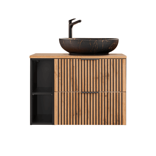 Móvel de lavatório simples 80cm 2 nichos Gaia Madeira e Preto Lavatório preto