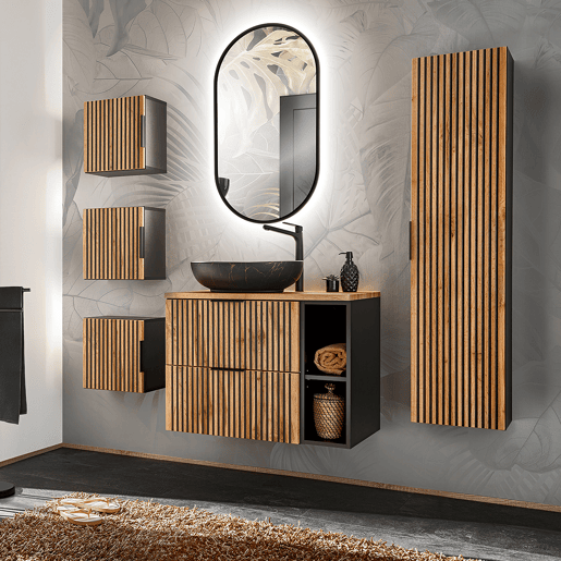 Móvel de lavatório simples 80cm 2 nichos Gaia Madeira e Preto Lavatório preto