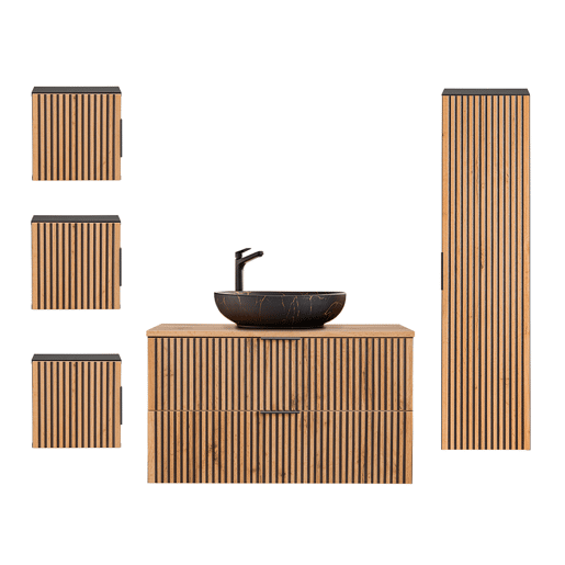 Conjunto móvel lavatório simples 100cm coluna e 3 armários murais Gaia Madeira e Preto Lavatório preto