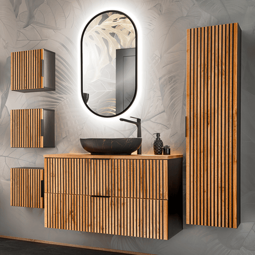 Conjunto móvel lavatório simples 100cm coluna e 3 armários murais Gaia Madeira e Preto Lavatório preto
