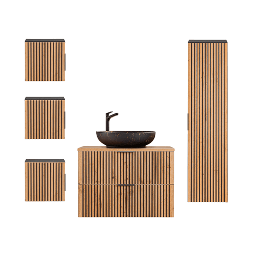 Conjunto móvel lavatório simples 80cm coluna e 3 armários murais Gaia Madeira e Preto Lavatório preto