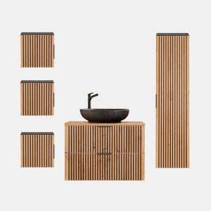 Conjunto móvel lavatório simples 80cm coluna e 3 armários murais Gaia Madeira e Preto Lavatório preto