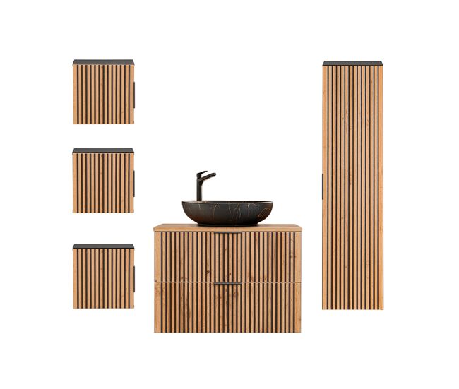 Conjunto de muebles con lavabo individual 80 cm columna y 3 armarios de pared gaia madera y negro - lavabo negro