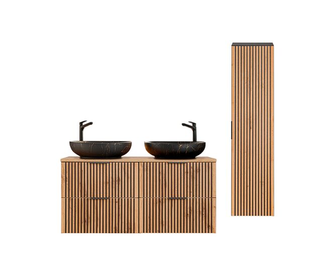 Conjunto de muebles con doble lavabo 120cm y columna gaia madera y negro - lavabo negro