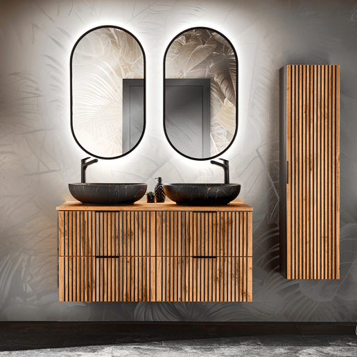 Conjunto móvel lavatório duplo 120cm e coluna Gaia Madeira e Preto Lavatório preto