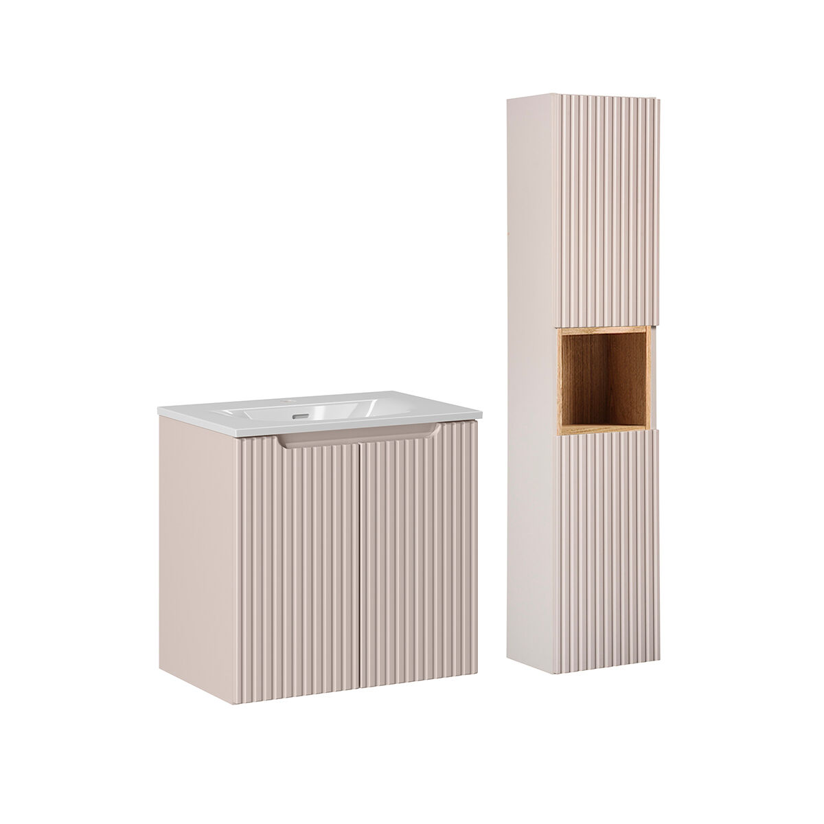 Conjunto de muebles con lavabo individual encastrado 60 cm 2 puertas y columna riva cachemira y madera