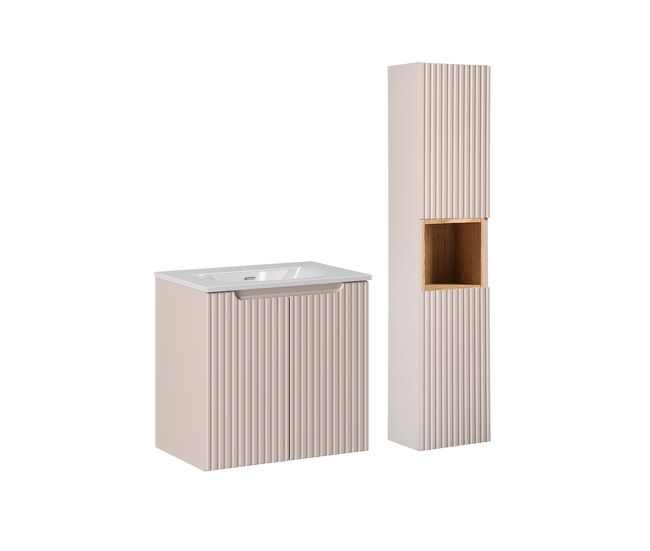 Conjunto de muebles con lavabo individual encastrado 60 cm 2 puertas y columna riva cachemira y madera