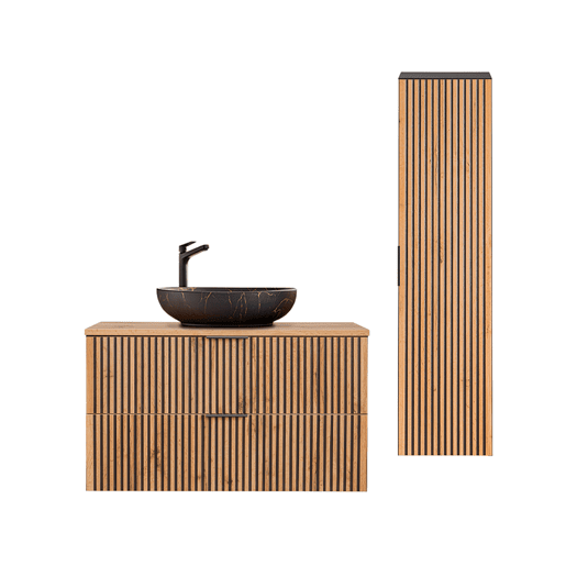 Conjunto móvel lavatório simples 100cm e coluna Gaia Madeira e Preto Lavatório preto
