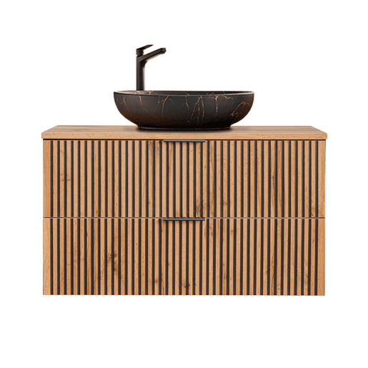 Conjunto móvel lavatório simples 100cm e coluna Gaia Madeira e Preto Lavatório preto
