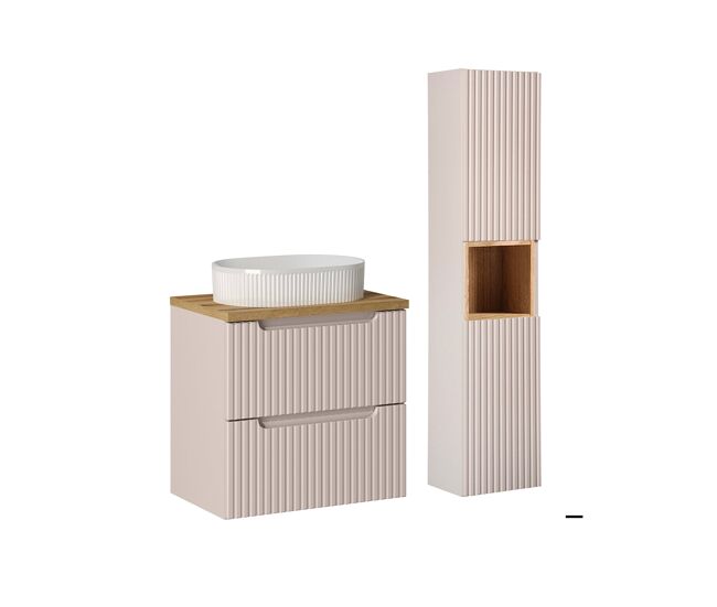 Conjunto de muebles con lavabo individual 60cm 2 cajones y columna riva cachemira y madera