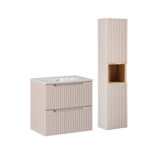 Conjunto móvel simples lavatório embutido 60cm 2 gavetas e coluna Riva Caxemira e Madeira