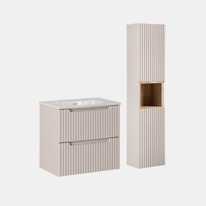 Conjunto móvel simples lavatório embutido 60cm 2 gavetas e coluna Riva Caxemira e Madeira