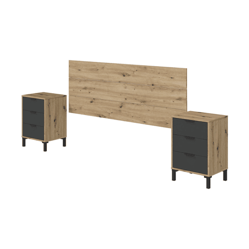 Mesa de cabeceira Damoros, quarto com cabeceira e 2 mesas de cabeceira com 3 gavetas, 160x2 cm, carvalho efeito nó e antracite