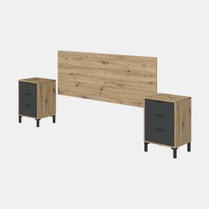 Mesa de cabeceira Damoros, quarto com cabeceira e 2 mesas de cabeceira com 3 gavetas, 160x2 cm, carvalho efeito nó e antracite