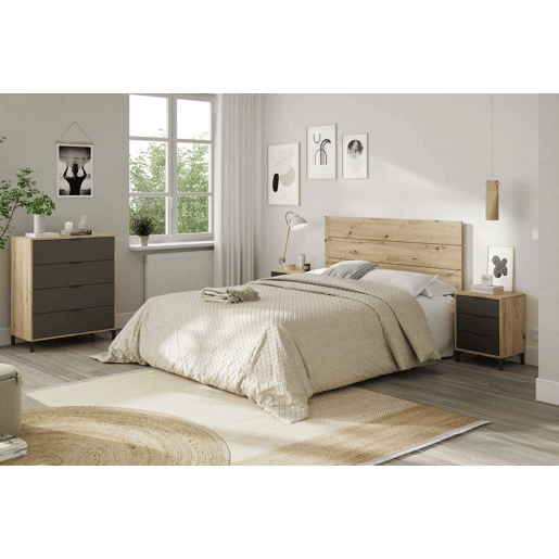 Mesa de cabeceira Damoros, quarto com cabeceira e 2 mesas de cabeceira com 3 gavetas, 160x2 cm, carvalho efeito nó e antracite