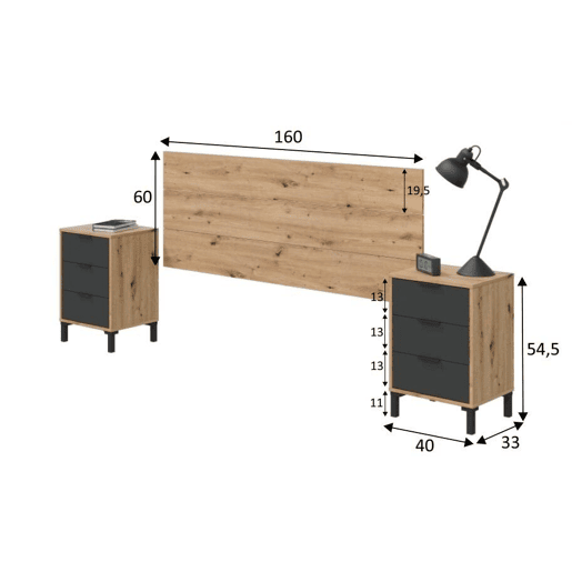 Mesa de cabeceira Damoros, quarto com cabeceira e 2 mesas de cabeceira com 3 gavetas, 160x2 cm, carvalho efeito nó e antracite