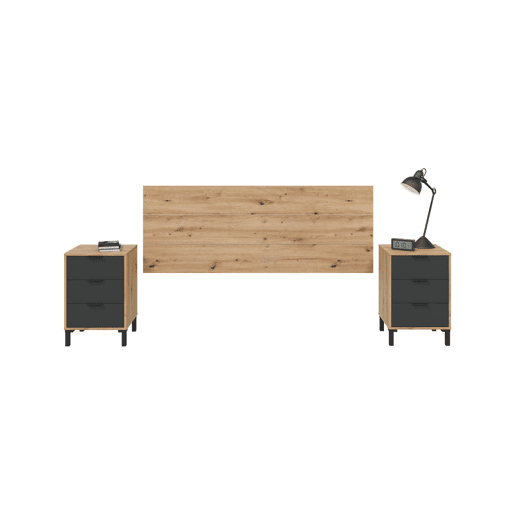 Mesa de cabeceira Damoros, quarto com cabeceira e 2 mesas de cabeceira com 3 gavetas, 160x2 cm, carvalho efeito nó e antracite