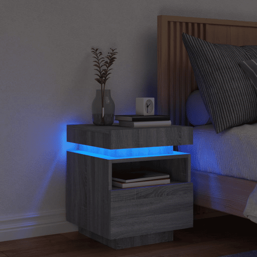 vidaXL Mesa de cabeceira com luzes LED 40x39x48,5 cm cinzento-sonoma