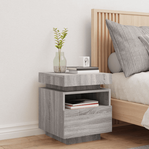 vidaXL Mesa de cabeceira com luzes LED 40x39x48,5 cm cinzento-sonoma