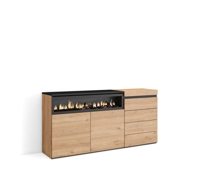 Aparador, con almacenamiento, 157x35x75cm, dormitorio, habitación, chimenea eléctrica, cómoda, cajonera, estilo moderno, roble