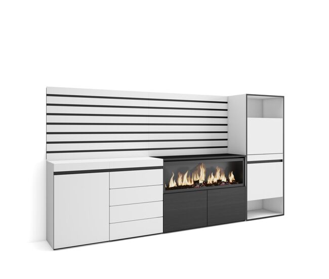 Aparador, con almacenamiento, 274x35x145cm, dormitorio, habitación, chimenea eléctrica xxl, cómoda, cajonera, zapatero, estilo moderno, blanco