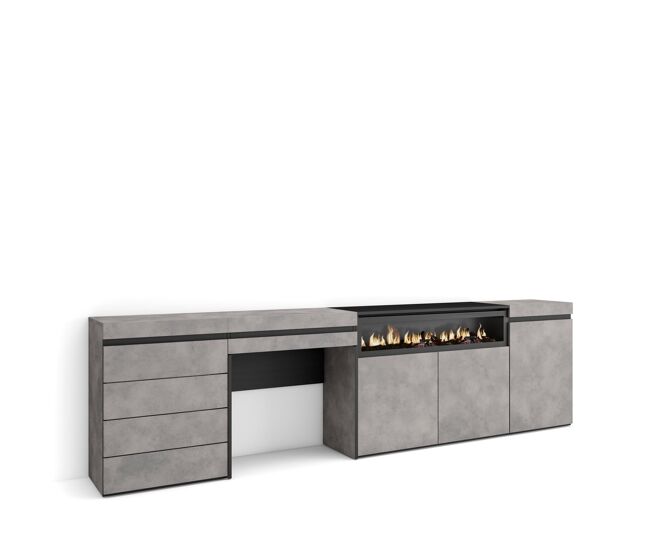 Aparador, con almacenamiento, 277x35x75cm, dormitorio, habitación, chimenea eléctrica, cómoda, cajonera, tocador, estilo moderno, cemento