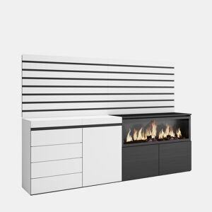 Aparador, Buffet, Amplo Espaço Armazenamento, 214x35x145cm, Para quarto, dormitório, Lareira eléctrica XXL, Cómoda, Estilo moderno, Branco