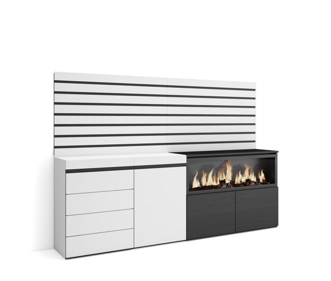 Aparador, con almacenamiento, 214x35x145cm, dormitorio, habitación, chimenea eléctrica xxl, cómoda, cajonera, estilo moderno, blanco