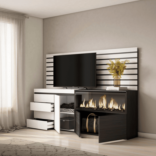 Aparador, Buffet, Amplo Espaço Armazenamento, 214x35x145cm, Para quarto, dormitório, Lareira eléctrica XXL, Cómoda, Estilo moderno, Branco Aparador, Buffet, Amplo Espaço Armazenamento, 214x35x145cm, Para quarto, dormitório, Lareira eléctrica XXL, Cómoda, Estilo moderno, Branco