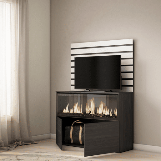 Aparador, Buffet, Amplo Espaço Armazenamento, 107x145x35 cm, Para quarto, dormitório, Lareira eléctrica XXL, Estilo moderno, Branco