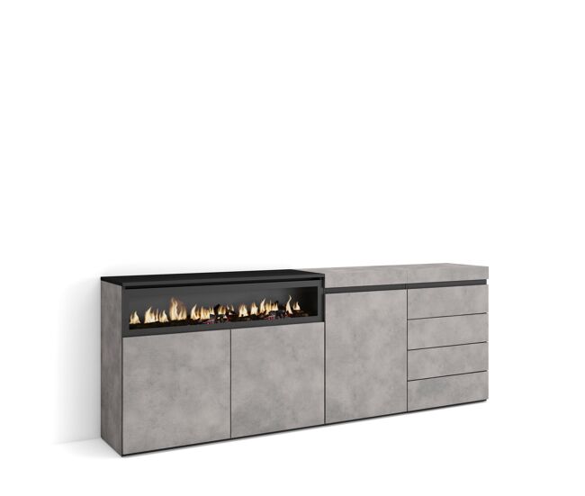 Aparador, con almacenamiento, 207x35x75cm, dormitorio, habitación, chimenea eléctrica, cómoda, cajonera, estilo moderno, cemento