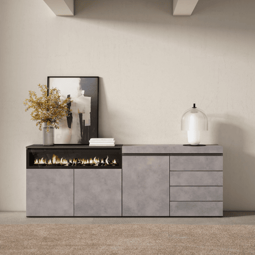 Aparador, Buffet, Amplo Espaço Armazenamento, 207x35x75cm, Para quarto, dormitório, Lareira eléctrica, Cómoda, Estilo moderno, Cimento Aparador, Buffet, Amplo Espaço Armazenamento, 207x35x75cm, Para quarto, dormitório, Lareira eléctrica, Cómoda, Estilo moderno, Cimento