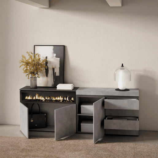 Aparador, Buffet, Amplo Espaço Armazenamento, 207x35x75cm, Para quarto, dormitório, Lareira eléctrica, Cómoda, Estilo moderno, Cimento Aparador, Buffet, Amplo Espaço Armazenamento, 207x35x75cm, Para quarto, dormitório, Lareira eléctrica, Cómoda, Estilo moderno, Cimento