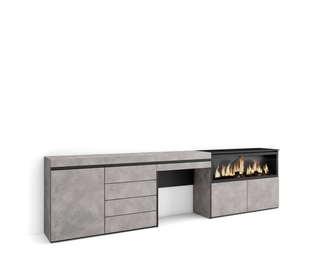 Tocador, dormitorio habitación, 284x35x75cm, con cajón, chimenea eléctrica xxl, cómoda, cajonera, estilo moderno, cemento