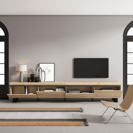 Móvel de TV, Muito espaço de arrumação, 320x57x35cm, TV de grande formato, Design industrial, Estilo moderno, Carvalho