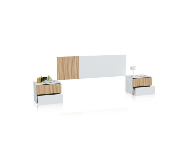 Cabecero para cama de 135-150 cm y 2 mesitas con cajones en blanco artik y natur nitza blanco artik (blanco mate) - natur 166 x 50 x 3 cm