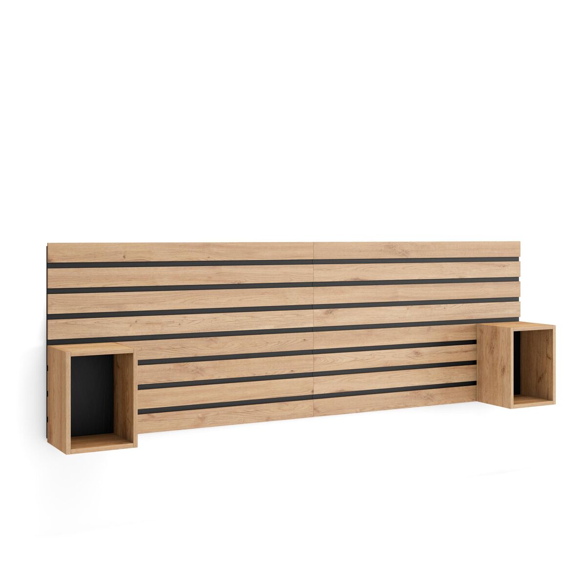 Cabecero con mesitas, listones decorativos, 214x70x3, cama de 135,140,150,160cm, con almacenamiento, estilo moderno, roble