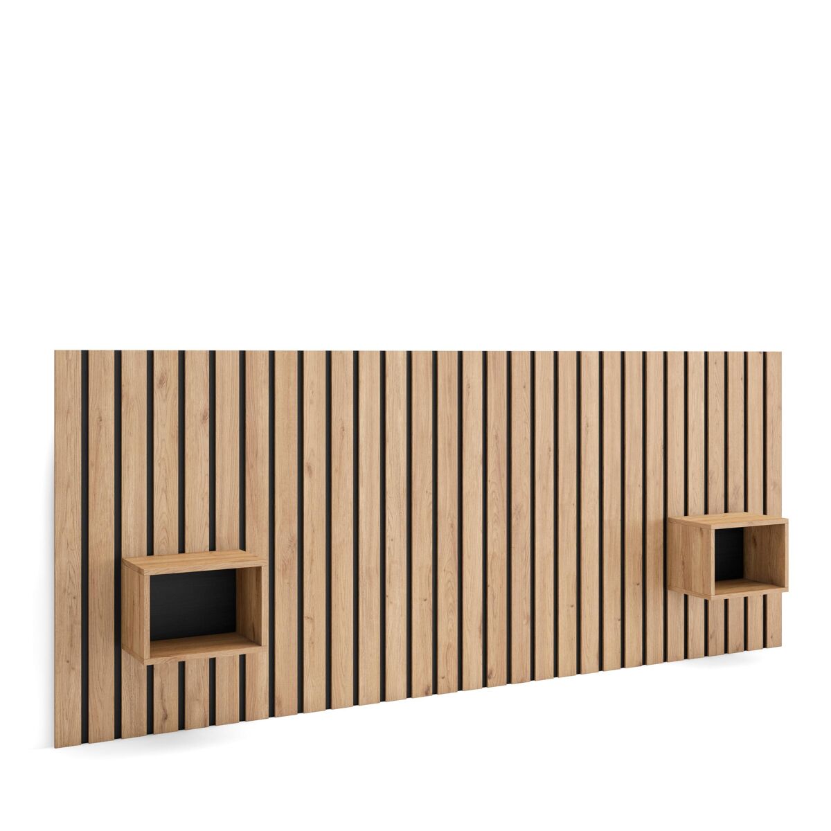 Cabecero con mesitas, listones decorativos, 258x107x3cm, cama de 150,160,180cm, con almacenamiento, estilo moderno, roble