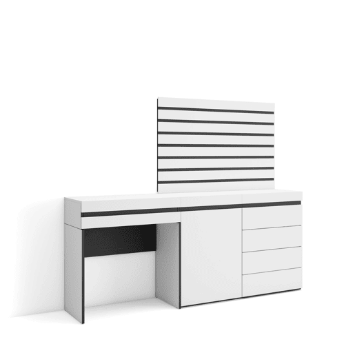 Toucador, Mesa com armazenamento, 177x35x145cm, Com gaveta, Cómoda, Tiras Deco. Madeira, Estilo moderno, Branco