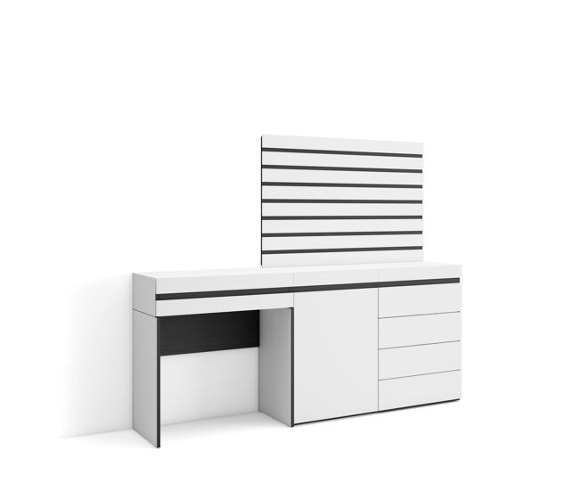 Tocador, dormitorio habitación, 177x35x145cm, con cajón, cómoda, cajonera, listones decorativos, estilo moderno, blanco
