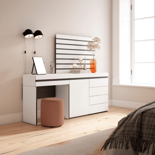 Toucador, Mesa com armazenamento, 177x35x145cm, Com gaveta, Cómoda, Tiras Deco. Madeira, Estilo moderno, Branco
