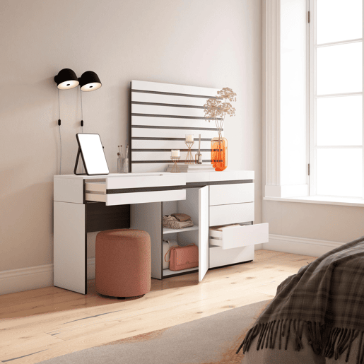 Toucador, Mesa com armazenamento, 177x35x145cm, Com gaveta, Cómoda, Tiras Deco. Madeira, Estilo moderno, Branco