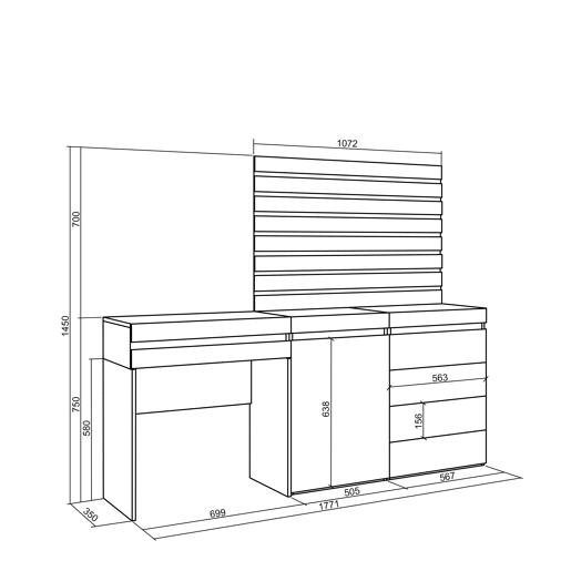 Toucador, Mesa com armazenamento, 177x35x145cm, Com gaveta, Cómoda, Tiras Deco. Madeira, Estilo moderno, Branco