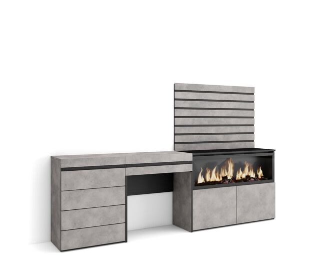 Tocador, dormitorio habitación, 234x35x145cm, con cajón, chimenea eléctrica xxl, cómoda, cajonera, listones decorativos, estilo moderno, cemento