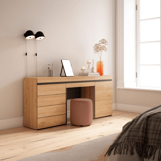 Toucador, Mesa com armazenamento, 177x35x75cm, Com gaveta, Cómoda, Estilo moderno, Carvalho
