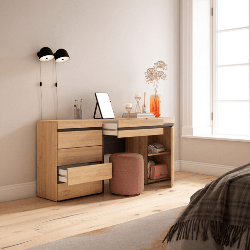 Toucador, Mesa com armazenamento, 177x35x75cm, Com gaveta, Cómoda, Estilo moderno, Carvalho