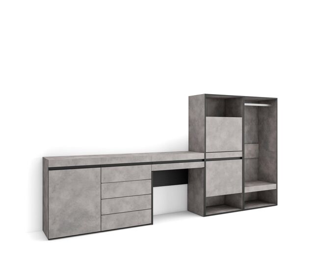 Zapatero, armario zapatos botas, 297x35x145cm, dormitorio, habitación, vestidor abierto, cómoda, cajonera, tocador, estilo moderno, cemento