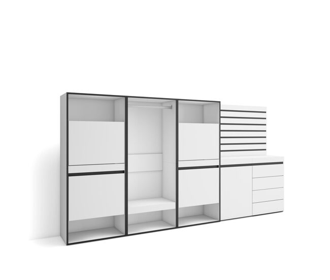 Zapatero, armario zapatos botas, 287x35x145cm, dormitorio, habitación, vestidor abierto, cómoda, cajonera, listones decorativos, estilo moderno, blanco