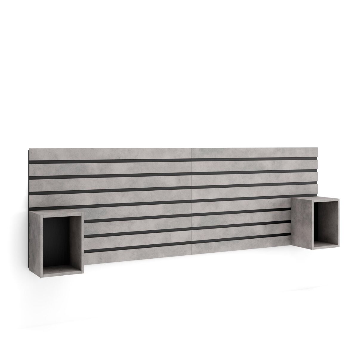Cabecero con mesitas, listones decorativos, 214x70x3cm, cama de 135,140,150,160cm, con almacenamiento, estilo moderno, cemento